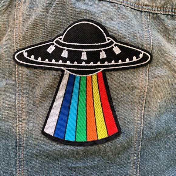Vintage Y2K Space Denim Jacket UFO Alien Patches Pins 90s Grunge Sz XS/S - Picture 3 of 12